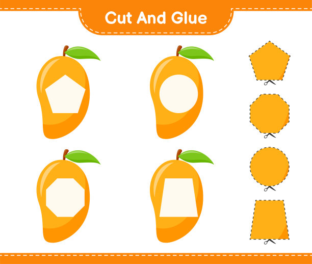 把芒果切下来粘在一起。教育儿童游戏，可打印的工作表，矢量插图图片下载