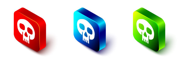 等距颅骨图标孤立在白色背景。红色，蓝色和绿色的方形按钮。向量图片下载