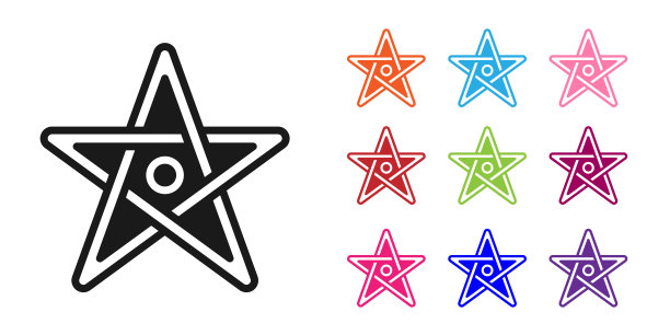 黑色五角星图标孤立在白色背景。神奇神秘的星星符号。设置图标丰富多彩。向量图片下载