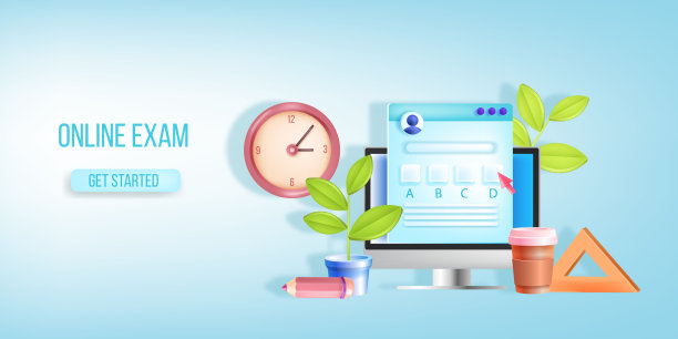 在线考试，网络远程学校考试，矢量横幅，登陆页，时钟，电脑屏幕。图片下载