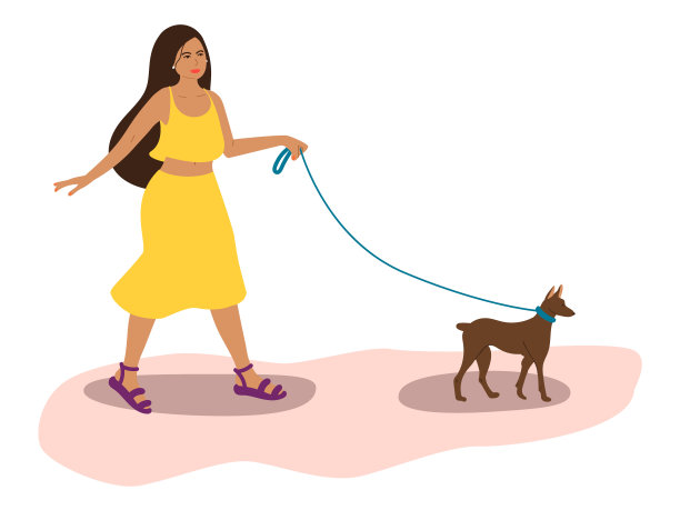 一个女孩在遛狗。一个可爱的黑白混血女人带着她的小狗走在街上。矢量平面卡通插图图片下载