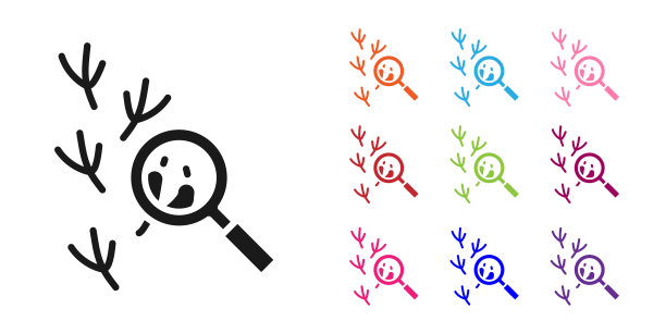 在放大镜下的黑鸟脚印图标孤立在白色背景上。动物的脚。设置图标丰富多彩。向量图片下载