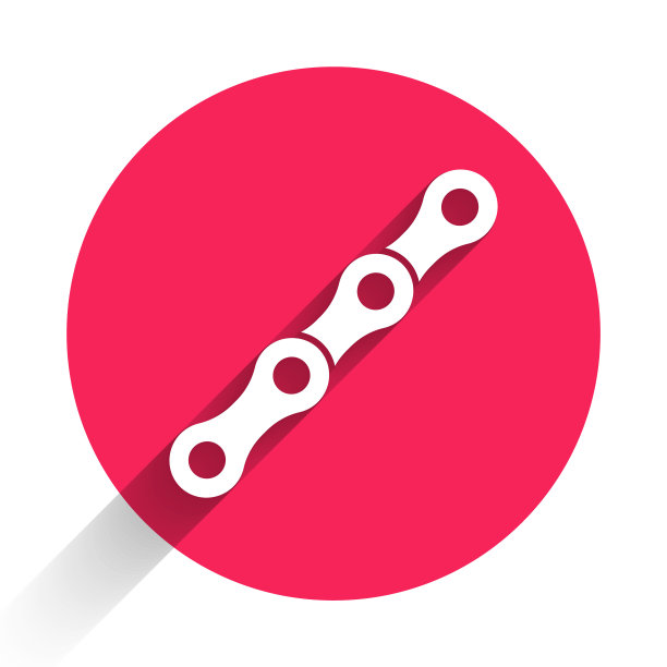 白色自行车链图标孤立与长影子。自行车链轮传动。红色圆圈按钮。向量图片下载