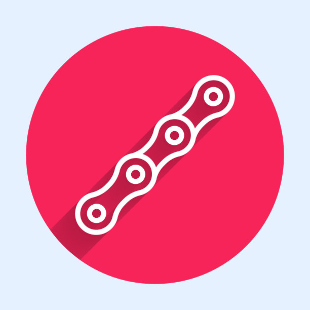 白色线自行车链图标孤立与长影子。自行车链轮传动。红色圆圈按钮。向量图片下载