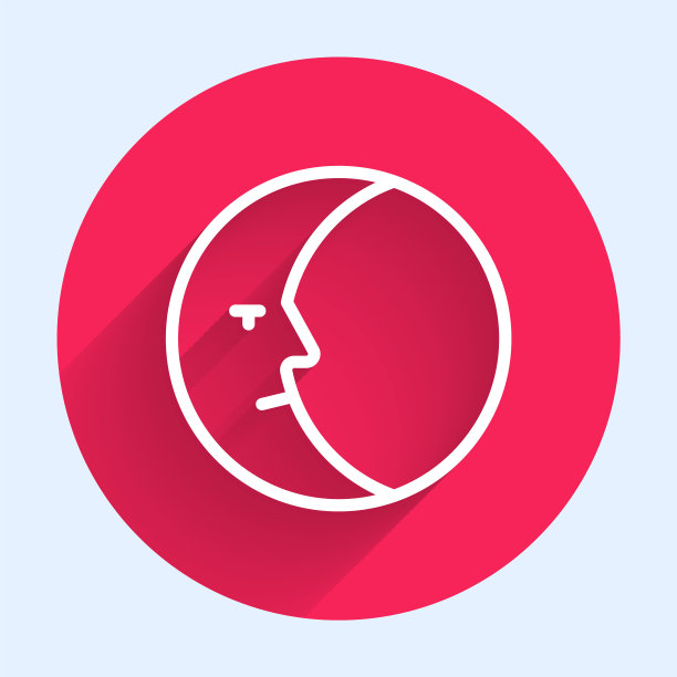 白色线月亮图标孤立与长影子。红色圆圈按钮。向量图片下载