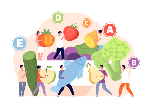 食物中的维生素。健康食品，维生素平衡营养。美味的饭菜，卡通新鲜的生态饮食。平面人做菜绝对矢量概念图片下载