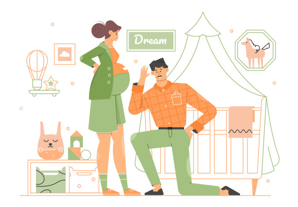 年轻夫妇未来的父母在新生儿的房间里。怀孕的可爱女孩。爸爸听妈妈的肚子。等待一个孩子。快乐的人。矢量平面插图。图片下载