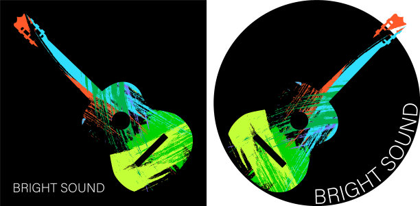 音乐吉他圆形标志在明亮的颜色图片下载