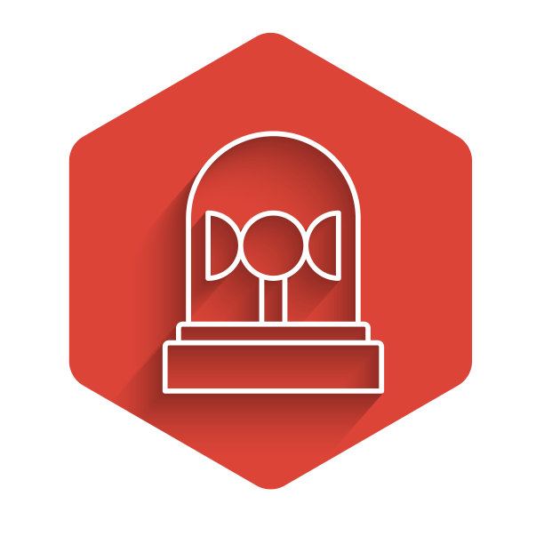 白线闪光警报器图标孤立与长阴影。紧急闪光警报。红色的六角按钮。向量图片下载