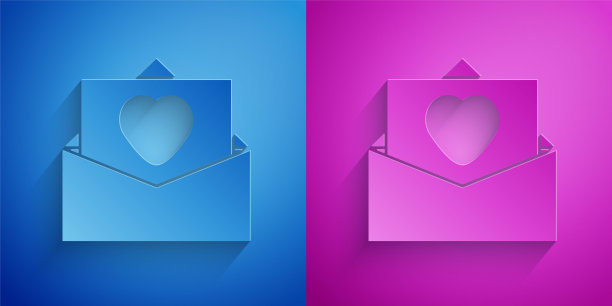 剪纸信封与情人节心形图标孤立在蓝色和紫色的背景。消息的爱。信上写着爱和浪漫。纸艺术风格。向量图片下载