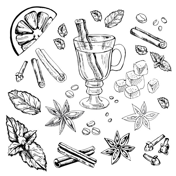 一杯热葡萄酒，柑橘，肉桂，八角，咖啡豆，薄荷，糖，丁香。图片下载