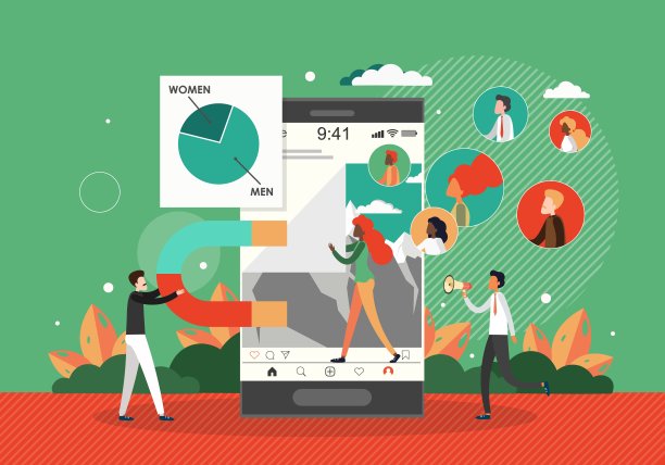 男人用磁铁吸引男性女性角色客户，平面矢量插图。客户保留，目标受众图片下载