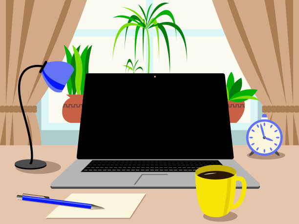 家庭办公——笔记本电脑、时钟、台灯和一杯咖啡放在桌子上，背景是一扇装有室内植物和窗帘的窗户图片下载