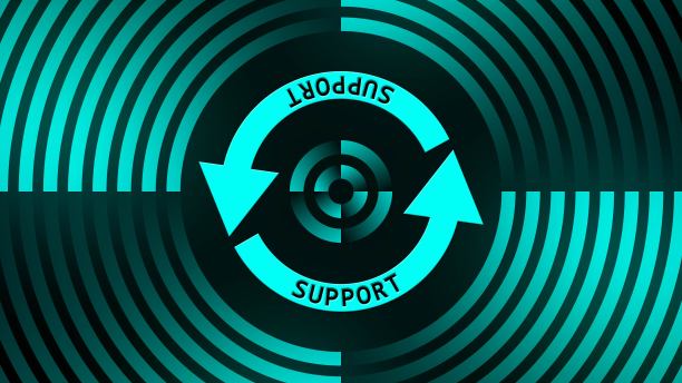 在圆形线中心的更新标志上支持字母-黑色背景上的绿松石图形元素-软件更新计算机程序图片下载