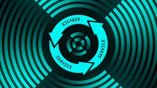 圆形线中心更新标志上的服务字体。黑色背景上的绿松石图形元素。软件更新计算机程序图片下载