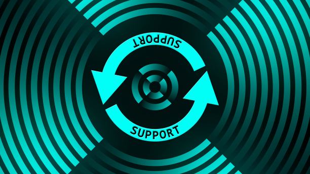 在圆形线中心的更新标志上支持字母-黑色背景上的绿松石图形元素-软件更新计算机程序图片下载