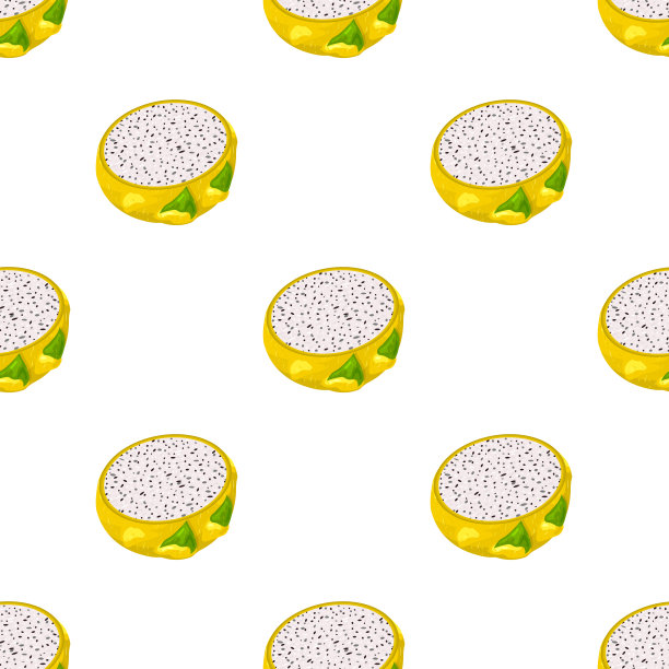无缝图案，鲜半切黄色火龙果孤立在白色背景上。夏日水果，健康生活方式。有机水果。卡通风格。矢量插图为任何设计。图片下载