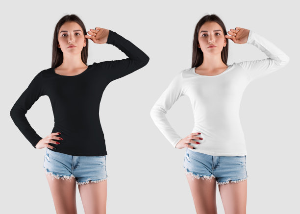 一个白色，黑色的运动衫，衣服与长袖白种女孩，为展示设计，打印，正面视图的模型。图片下载