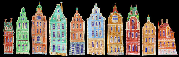 建筑被孤立在黑色背景上。水彩画涂鸦童话的房子，古老的中世纪欧洲小镇街道图片下载