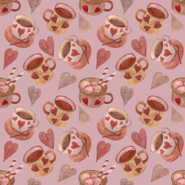 无缝模式与咖啡杯与心形在粉红色的背景。图片下载