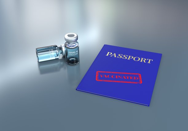 护照和Covid-19疫苗接种印章和疫苗瓶。- - -库存图片图片下载