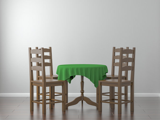 复古的圆桌和四张椅子。绿色台布。3 d渲染图图片下载