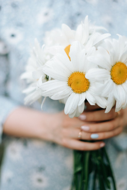 一个穿着蓝色裙子的女孩手里拿着一束雏菊图片下载