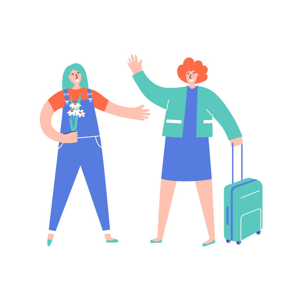 拿着花的女孩带着行李去见朋友图片下载
