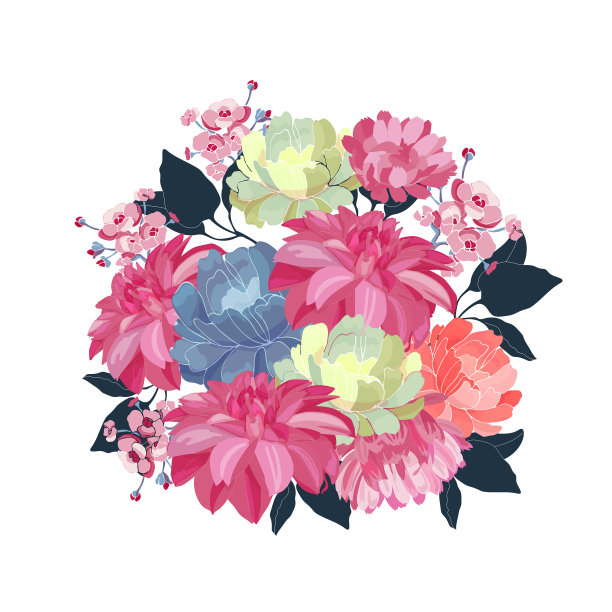 花束粉红色，黄色，蓝色的花图片下载