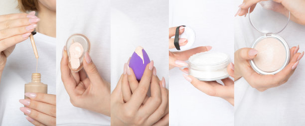 化妆品和工具的全脸化妆在一个白色的背景图片下载