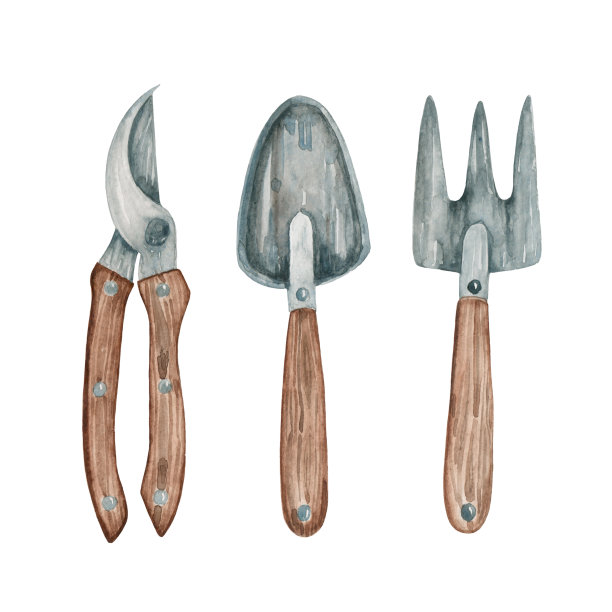 一套水彩工具的园艺孤立在白色背景。金属修枝剪，铁锹，木柄耙子。花园项目。图片下载