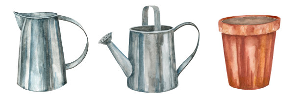 一套用于菜园的水彩容器。园艺产品。乡村风格。金属喷壶，水壶，花瓶，花盆。图片下载