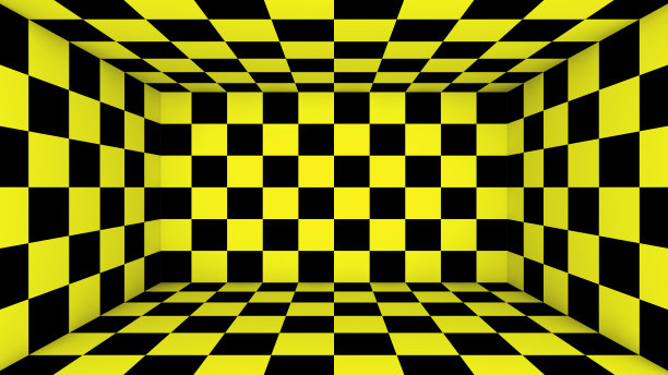 的空房间。抽象的墙纸，黑色和黄色的地板错觉图案纹理背景。3 d广场插图图片下载