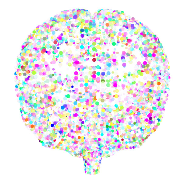用点标记的大脑。想法和想法，要有创造力。五彩缤纷的圆圈。图片下载