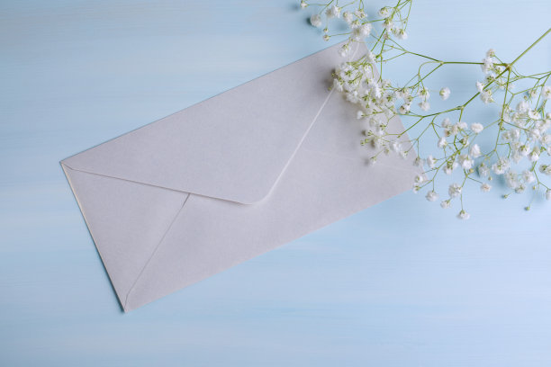 蓝白色调信封及文本框的节日贺卡。图片下载