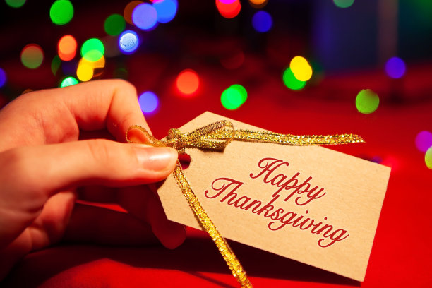感恩节快乐-标签上的文字在一个女人的手，特写，模糊的节日背景。图片下载