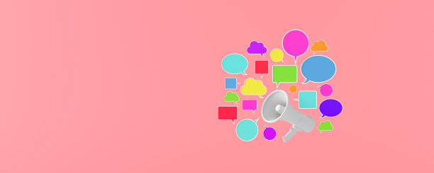 粉红色背景的扩音器周围冒出五颜六色的演讲泡泡。不同的态度概念3d渲染图片下载