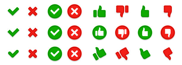 拇指向上和拇指向下：扁平风格的喜欢和不喜欢图标，表示赞同和不赞同，绿色勾号和红色叉号，正确或错误，真或假，带阴影的隔离矢量元素图片下载