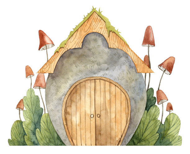 水彩手画可爱的霍比特人房子和蔓生的蘑菇图片下载