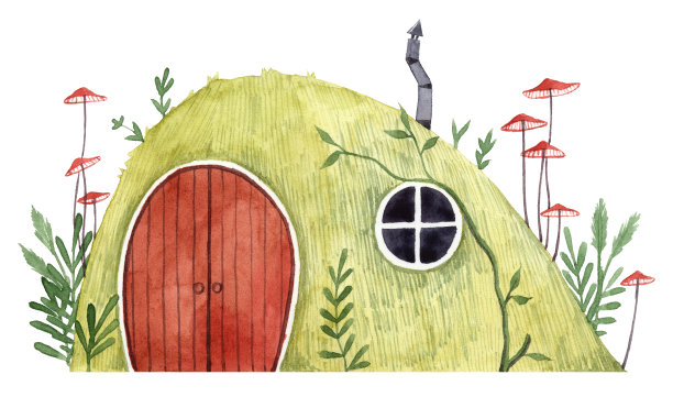 水彩手画可爱的霍比特人房子和蔓生的蘑菇图片下载
