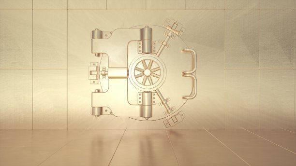 大圆形金色金库门背景。3d插图图片下载