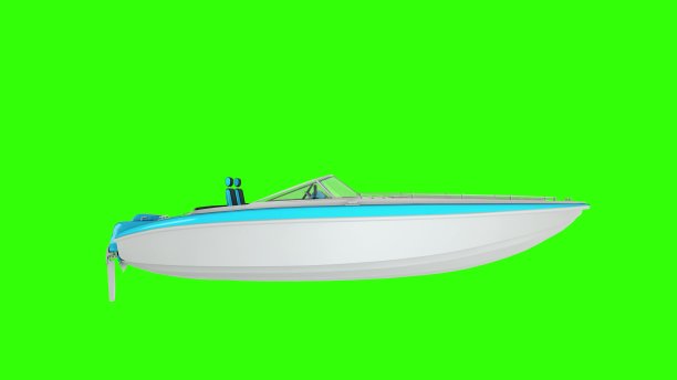 绿色屏幕上的船。摩托艇在波浪上航行，3d插图图片下载
