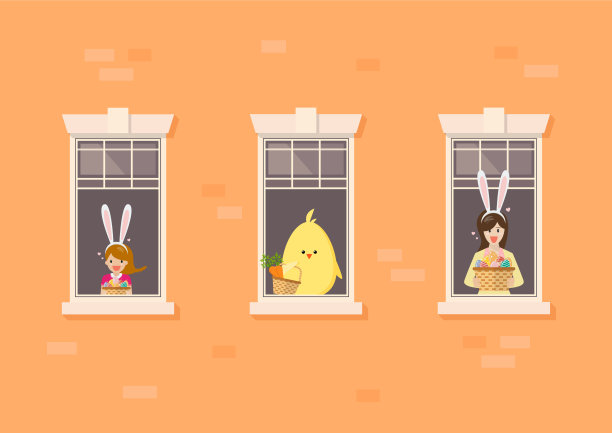 公寓大楼正面与邻居可爱的女孩和女人在复活节的主题图片下载