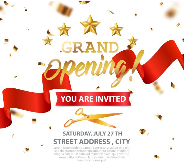 金色丝带和纸屑开业贺卡设计图片下载