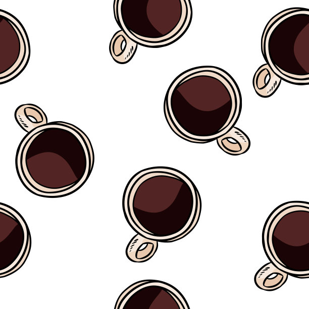 咖啡杯俯视图涂鸦无缝边框图案。手绘卡通马克杯可重复的背景瓷砖。漫画风格模板的股票插图包装设计图片下载
