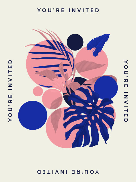 邀请卡模板设计，粉红色和蓝色的花和树叶拼贴艺术在浅灰色图片下载