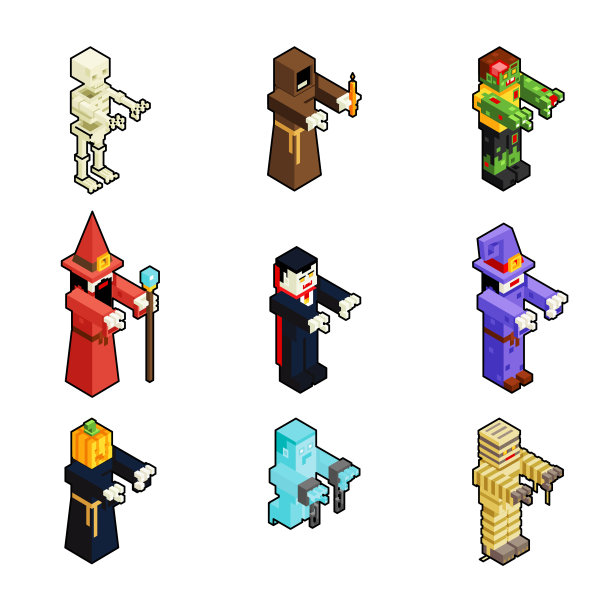 等距万圣节怪物图标设置平面设计图片下载