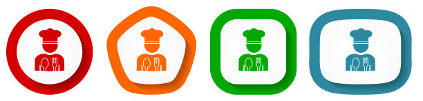 厨师，餐厅概念矢量图标设置，平面设计按钮上的白色背景图片下载