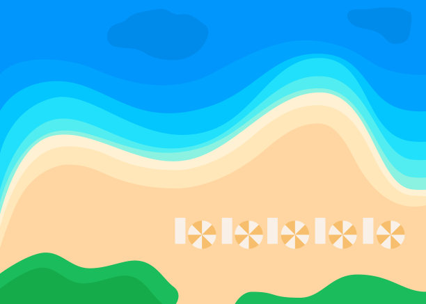 夏日沙滩，碧波荡漾的大海，一览无余。海岸线景观。海滨、海景、海边和沙滩。依靠自然。矢量图图片下载