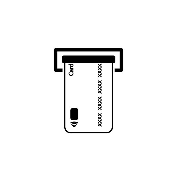在自动取款机黑色线条图标中插入信用卡。白色背景上的孤立标志。银行卡或支付概念。应用程序、图形设计、信息图表、网络、网站、UI、UX的流行扁平风格。矢量EPS 10图片下载